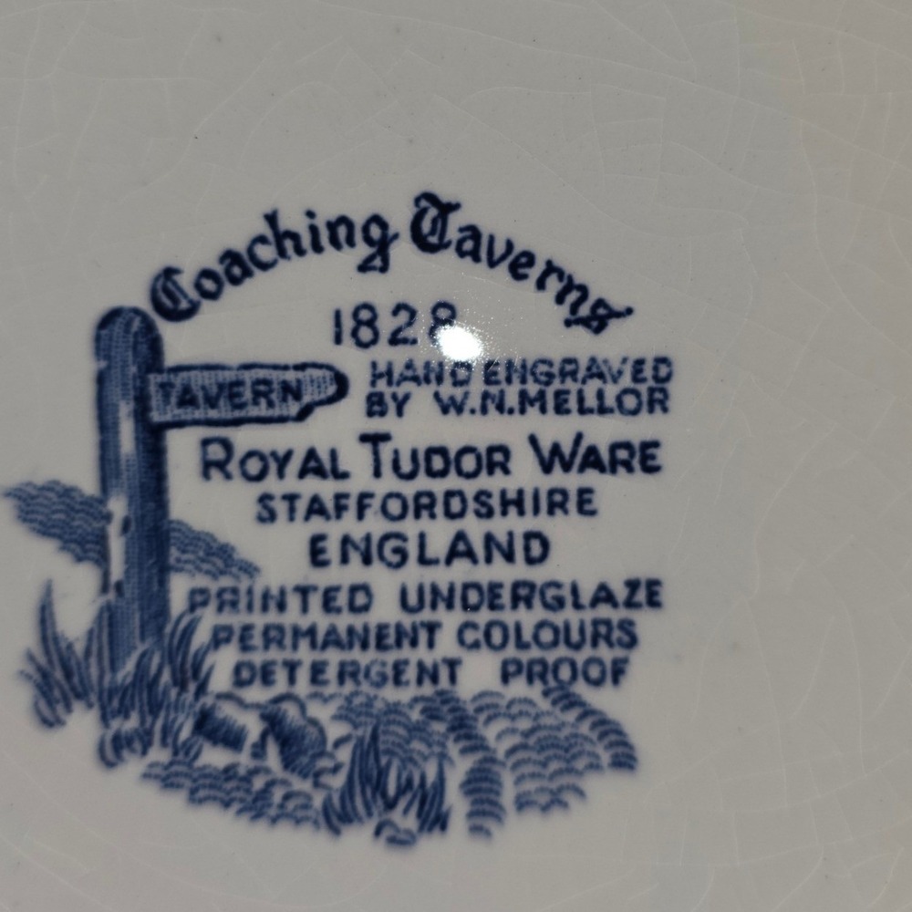 Royal Tudor Ware Coaching Taverns 1828 Blue White Oval Platter W.N. Mellor 12" - Picture 3 of 5